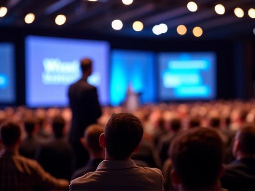A speaker on stage addressing a large audience at a conference, captured discreetly.